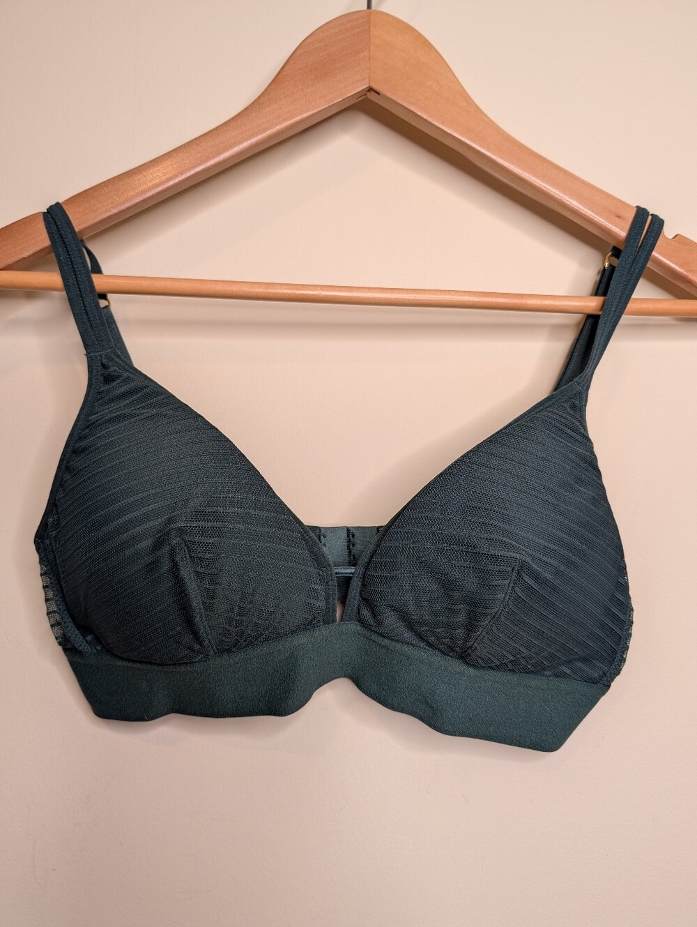 LIVELY Deep Teal Mesh Underwire Bra Sz L Striped Ribbed Adjustable Straps EUC